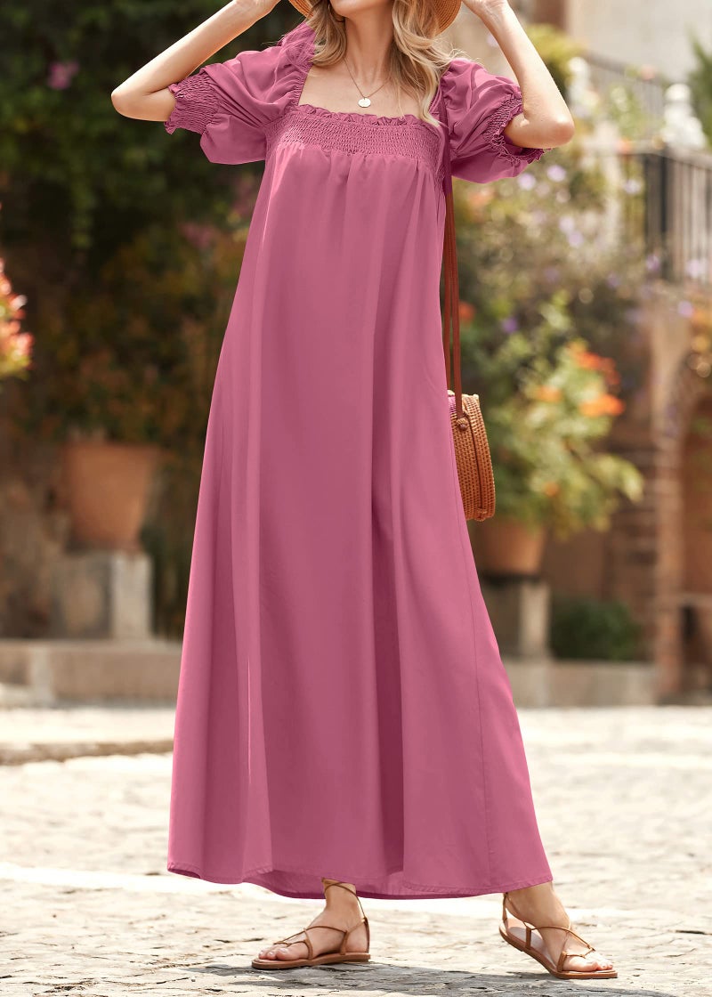 KIRUNDO Women 2026 Summer Maxi Dress Casual Loose Puff Sleeve Square Neck Maternity Flowy Long Beach Dresses with Pockets(Rose Pink, X-Large) - Image 4