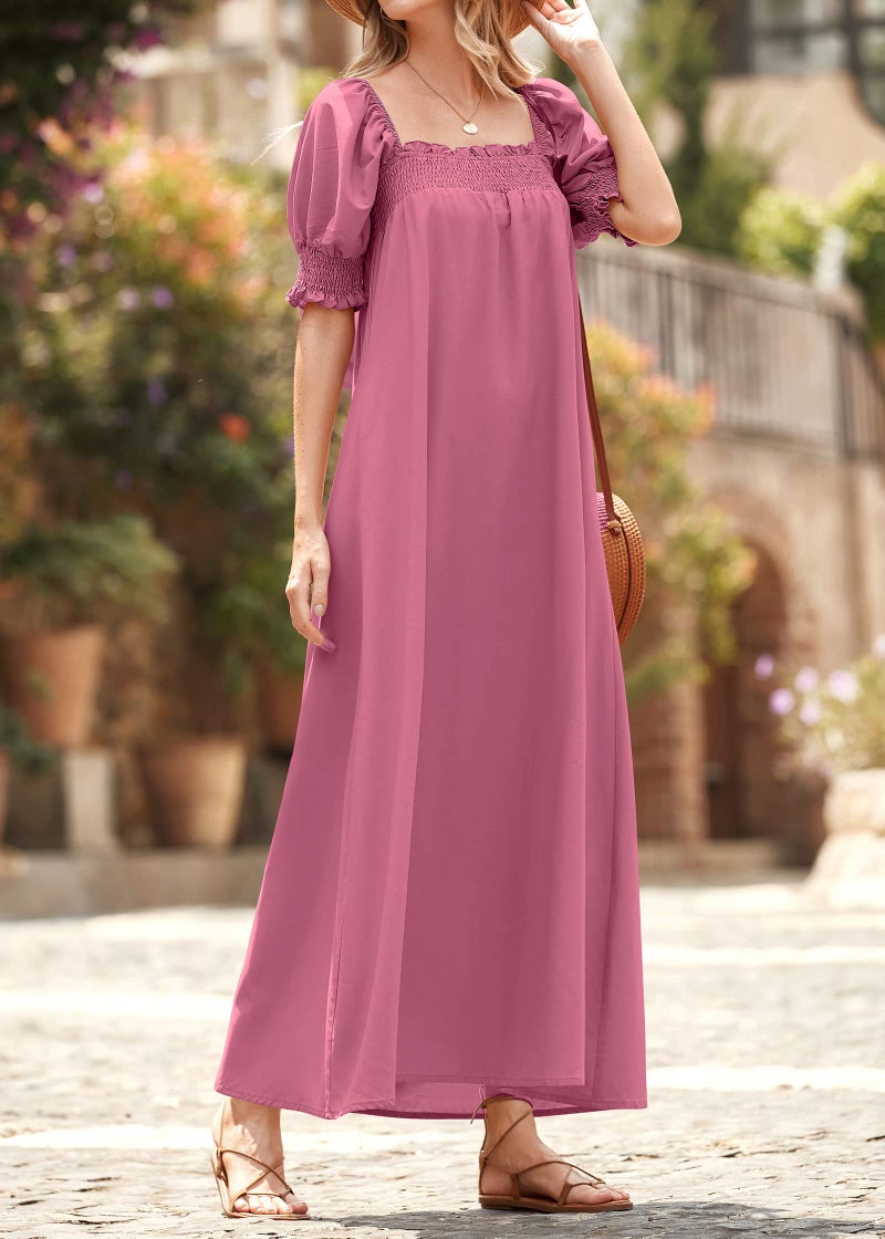 KIRUNDO Women 2026 Summer Maxi Dress Casual Loose Puff Sleeve Square Neck Maternity Flowy Long Beach Dresses with Pockets(Rose Pink, X-Large) - Image 3