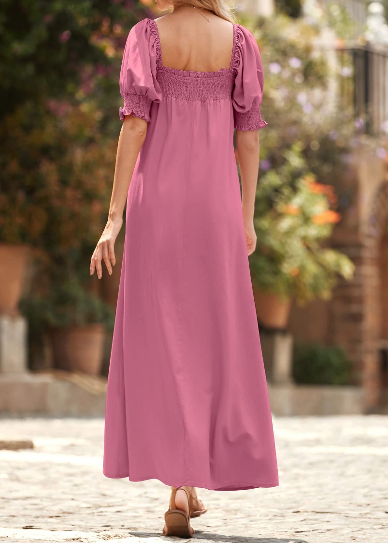 KIRUNDO Women 2026 Summer Maxi Dress Casual Loose Puff Sleeve Square Neck Maternity Flowy Long Beach Dresses with Pockets(Rose Pink, X-Large) - Image 5