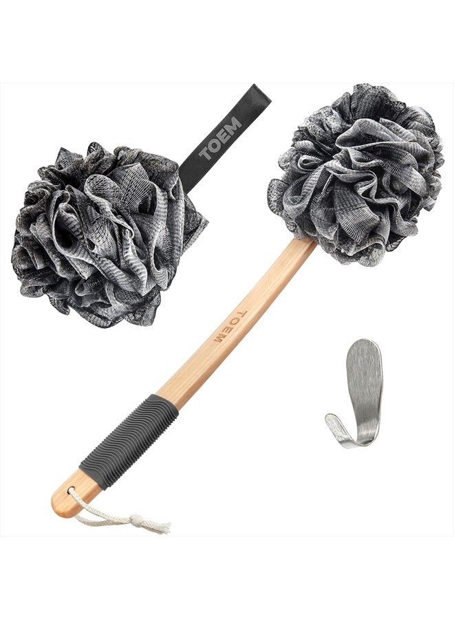 Toem Loofah Back Scrubber For Shower | Bamboo Charcoal Fiber Infused | Bath Sponge | Lufas For Men & Women | Includes 1 Long Handled Shower Sponge, 1 Bath & Shower Luffa Pouf & 1 Hook To Hang Stuff - Image 1