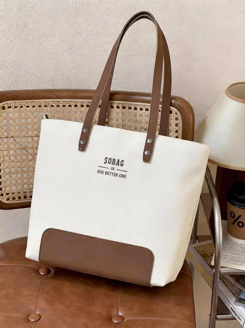 2026 New Large-Capacity Color-Block Canvas Tote Bag for Commute, Fashionable, Lightweight, Women - Image 3