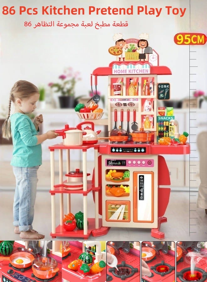 86 Pcs Kids Kitchen Playset Play Kitchen Toys with Realistic Lights &Sounds Simulation of Spray and Play Sink,Cookware Set Fruit Vegetable Tea Playset, Kitchen Accessories Set Toy Kitchen Pretend Play Toy Set for 3+ Year Old Boys Girls - Image 1