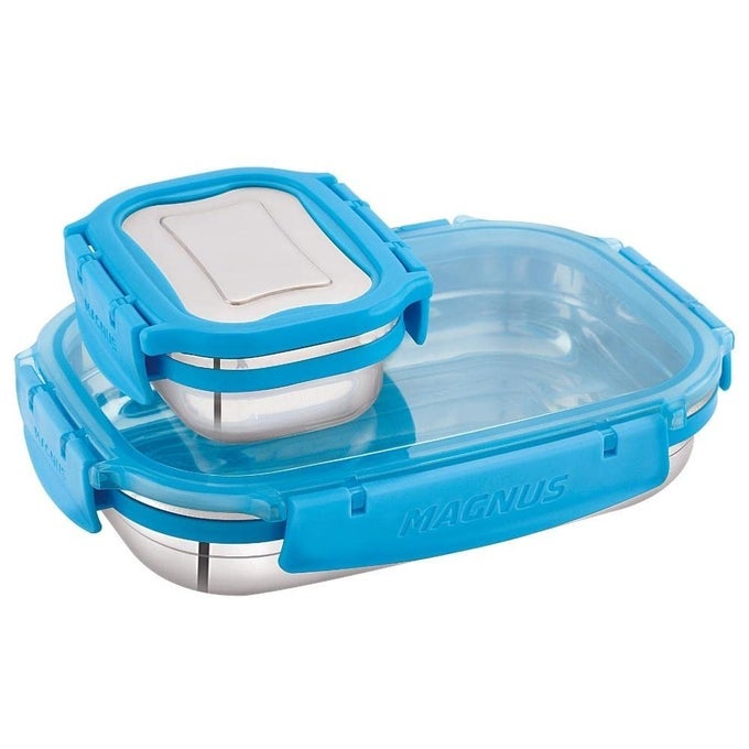 BOLT CLASSIC RECTANGULAR LEAKPROOF LUNCH BOX FOR SCHOOL & OFFICE (800 ML + 150 ML)(OUTER STEEL AND INSIDE PLASTIC LID)
