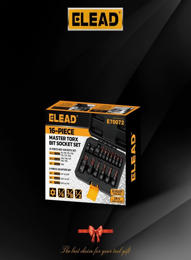ELEAD مجموعة مفاتيح توركس من إيلياد، 16 قطعة - فولاذ S2 ممتاز، تصميم أوروبي، مقاسات T8-T60 مع محولات، مجموعة مفاتيح نجمية بمقاسات 1/4 بوصة، 3/8 بوصة، و1/2 بوصة | أدوات ميكانيكية احترافية - Image 2