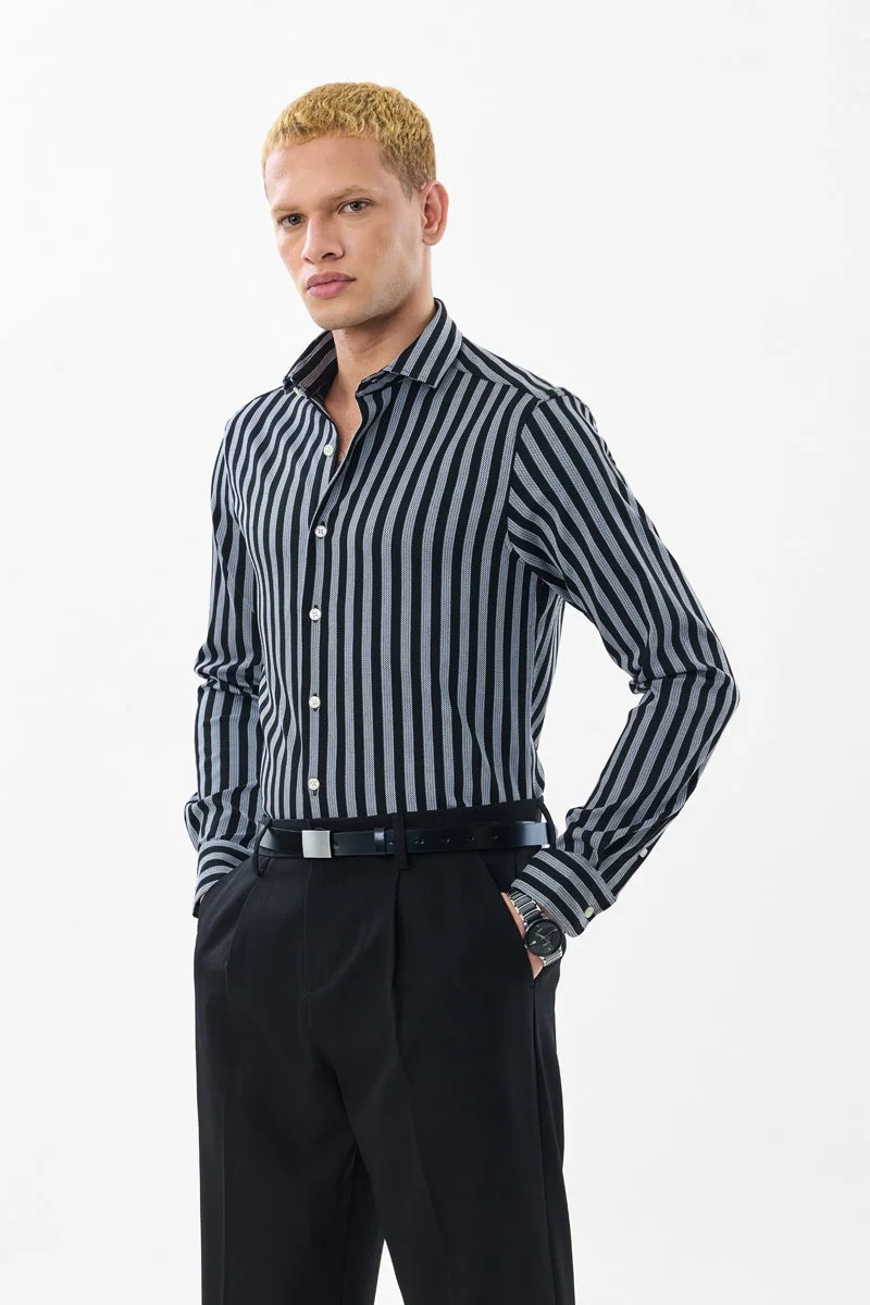 سنيتش Black Striped Long Sleeve Slim Fit Luxe Shirt