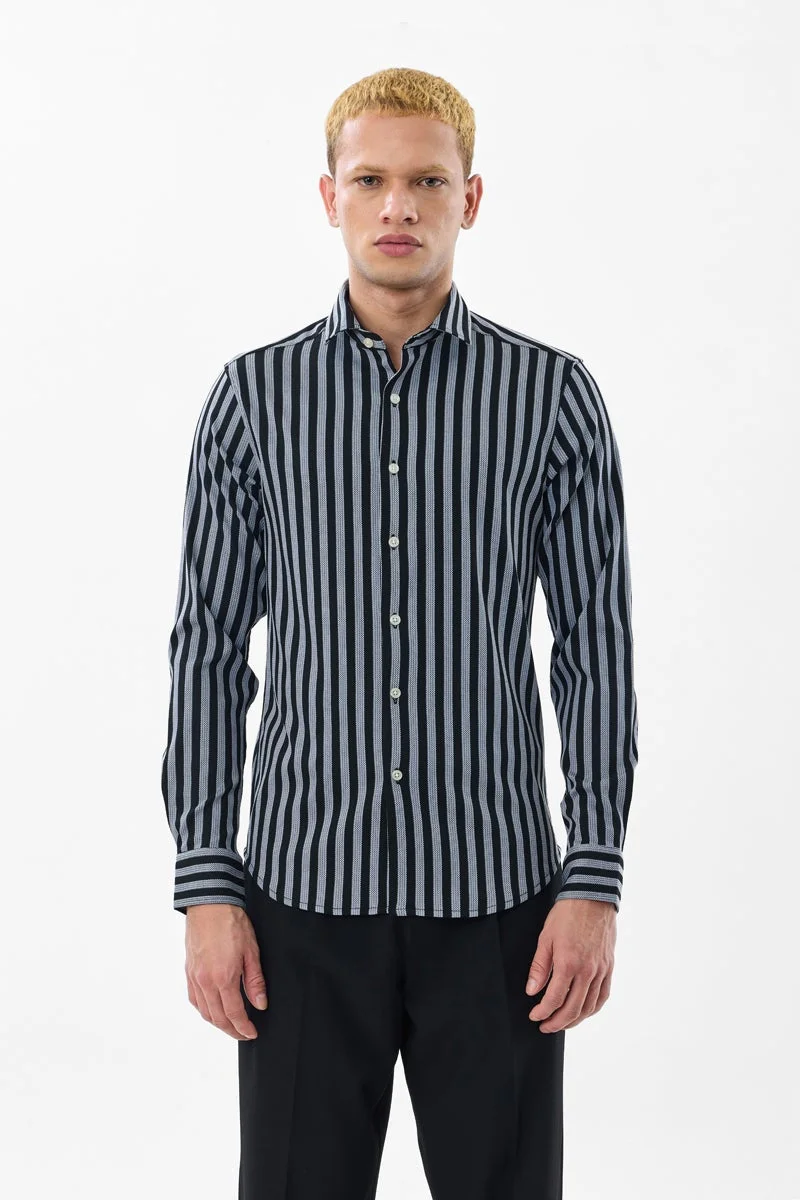 سنيتش Black Striped Long Sleeve Slim Fit Luxe Shirt