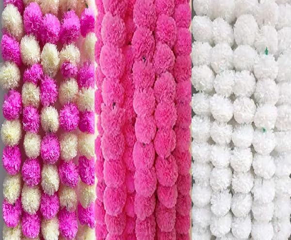 Brikshi Pack of 15 Artificial Marigold Flowers for Decoration Long Marigold Garlands for Decoration Toran Indian genda phool for Wedding & Festival |5 Feet Long |(Pink/White/Pink And White)| 15 Strings - Image 1