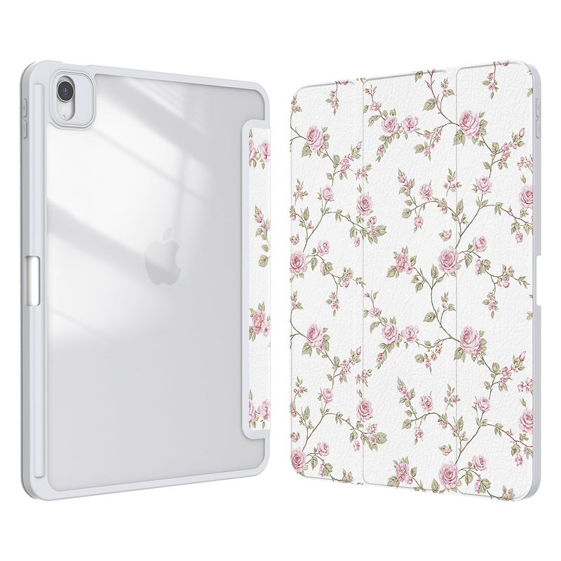 Xkladz Case for iPad Air 11 inch M3 (2025) / M2 (2024), iPad Air 5th / 4th Generation (2022/2020) 10.9 inch, Case with Pencil Holder, Clear Back Cover Cute Design for Women Girls, Pink Flower - Image 1