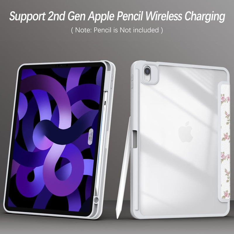 Xkladz Case for iPad Air 11 inch M3 (2025) / M2 (2024), iPad Air 5th / 4th Generation (2022/2020) 10.9 inch, Case with Pencil Holder, Clear Back Cover Cute Design for Women Girls, Pink Flower - Image 4
