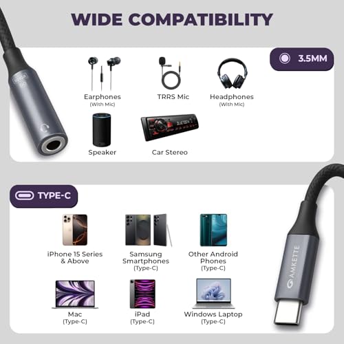 Amkette Type C to 3.5mm Audio Jack Connector | DAC Chipset | Kevlar Braided Cable | Compatible with iPhone 16,15 Series & Other Type C Phones | Premium Aluminum Build | Plug & Play Compatibility - Image 4