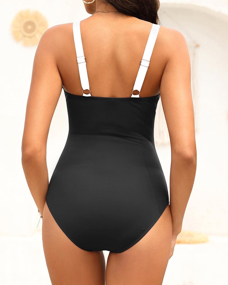 Tempt Me Women Black White Ruched Slimming One Piece Swimsuits Tummy Control Vintage Bathing Suits M - Image 2
