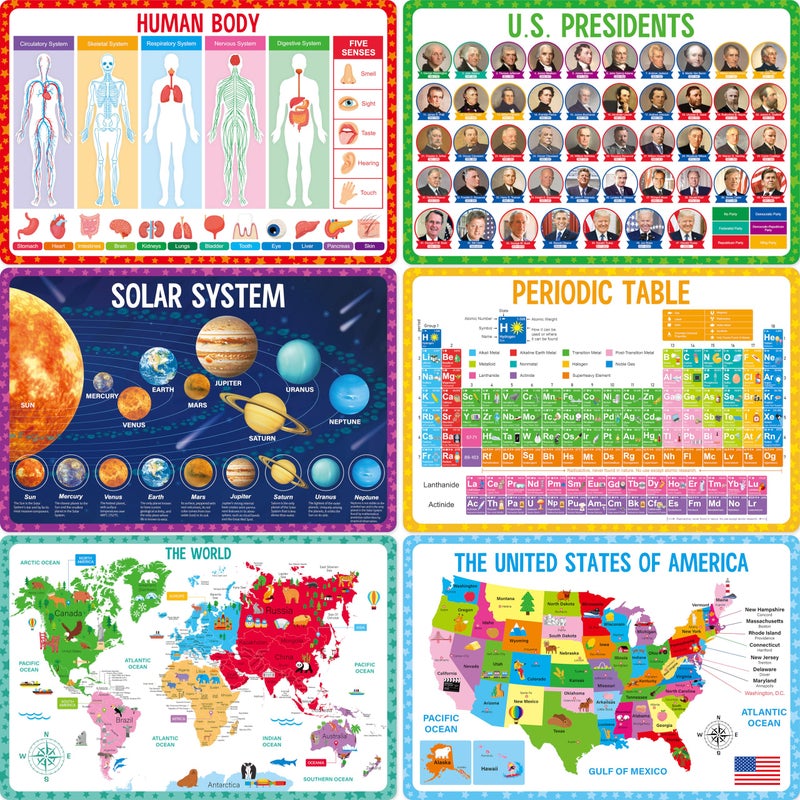 SpriteGru 6 Pack Placemats for Kids, Non-Slip Washable, Reusable Universe, Periodic Table, US President, Human Body, Map of USA & World Educational Placemats for Home, Kindergarten, Classroom, Nursery - Image 1