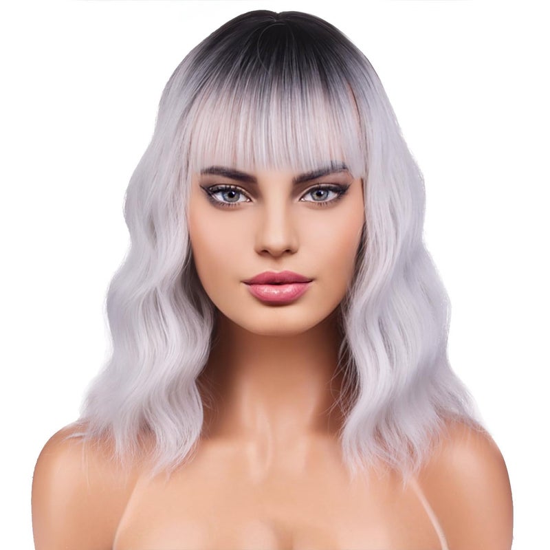 BERON 14 Inches Silver Wig for Women Silver Gray Wig Short Curly Synthetic Wigs with Bangs Ombre Grey Wigs Hairnet Include