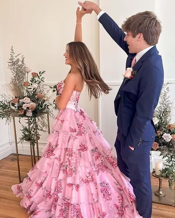 FoinLuve Ruffle Prom Dress Corset Tiered 2025 Strapless Long Chiffon Formal Evening Gown with Slit Floral Pink 04 - Image 4