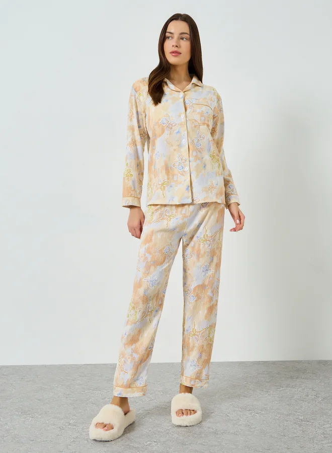 Styli Butterfly Print Long Sleeve Shirt and Pyjama Set