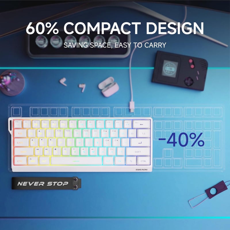 SEUNKWANG لوحة مفاتيح الألعاب SEUNKWANG EWEADN F61 60% سلكية، مضاءة بـ RGB، لوحة مفاتيح ألعاب بغلاف مطاطي مع مفاتيح Pbt، تصميم مدمج، لوحة مفاتيح سلكية مع حبل لحملها للماك/وين (أبيض) - Image 3