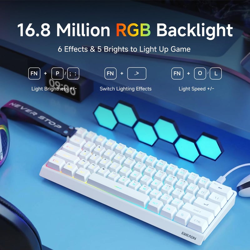 SEUNKWANG لوحة مفاتيح الألعاب SEUNKWANG EWEADN F61 60% سلكية، مضاءة بـ RGB، لوحة مفاتيح ألعاب بغلاف مطاطي مع مفاتيح Pbt، تصميم مدمج، لوحة مفاتيح سلكية مع حبل لحملها للماك/وين (أبيض) - Image 2
