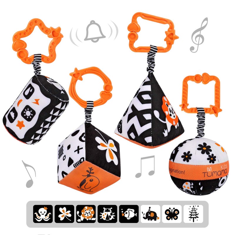 TUMAMA High Contrast Shapes Sets Baby Toys, Black and White Stroller Toy for Car Seat Baby Plush Rattles Rings Hanging Toy for 0 3 6 9 to 12 Months, Newborn,Toddlers,Infants (4 Packs) - Image 1