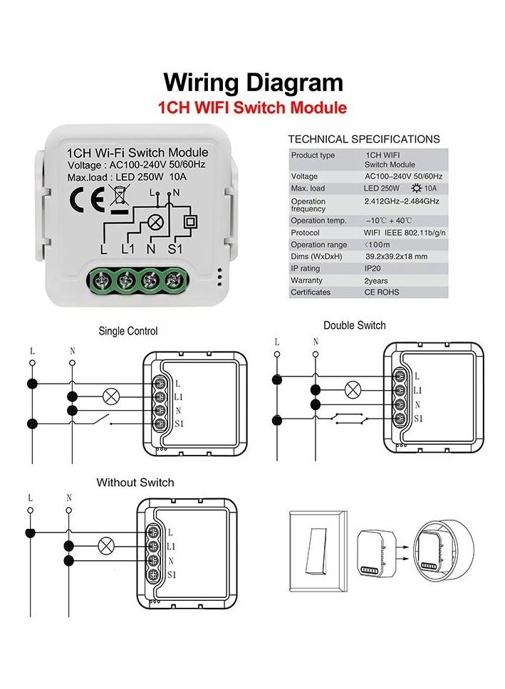 Lumive WiFi Smart Light Switch, Works with Alexa & Google Home, APP Control, DIY Breaker 100-240V, Supports 2 Way Control app, Behind Standard Switch (Neutral Wire Required,  1-Gang)- Single 10A - Image 2