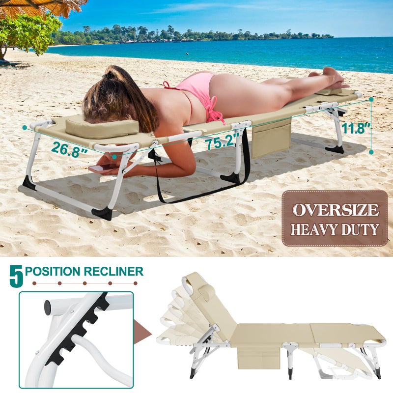 DoCred Heavy Duty XXL Tanning Chair with Face Hole&Mat, Oversized 5-Position Folding Chaise Lounge Chairs for Outside, Portable Beach Lounge Chair for Outdoor Sunbathing Beach Pool Lawn Camping - Image 4