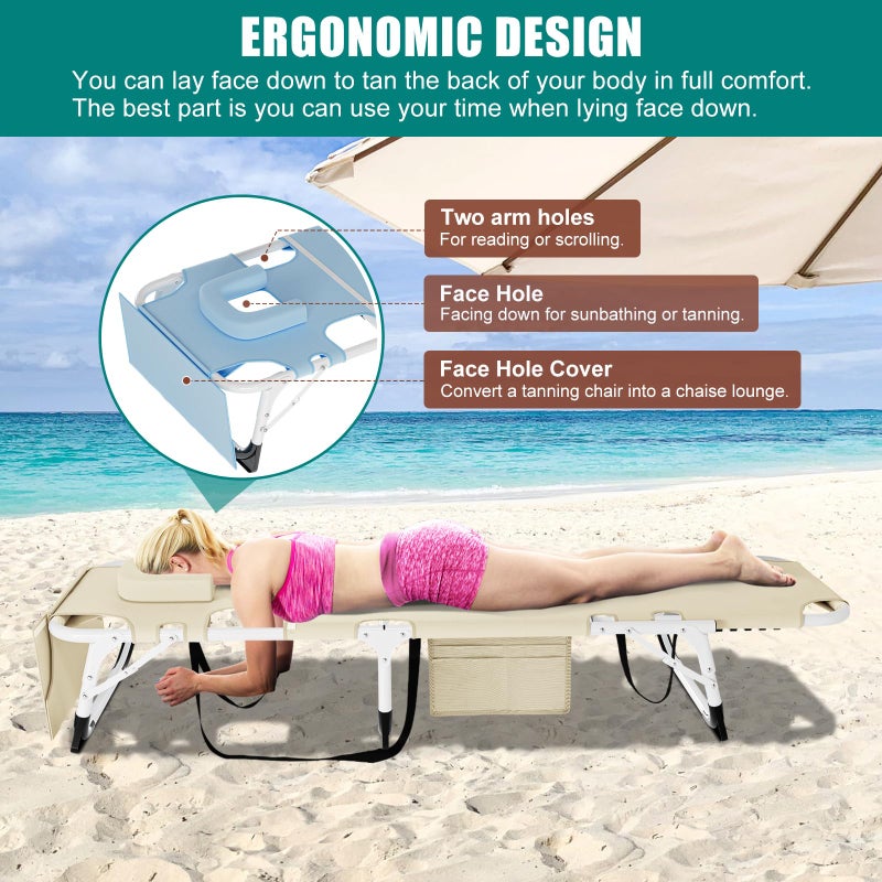 DoCred Heavy Duty XXL Tanning Chair with Face Hole&Mat, Oversized 5-Position Folding Chaise Lounge Chairs for Outside, Portable Beach Lounge Chair for Outdoor Sunbathing Beach Pool Lawn Camping - Image 3