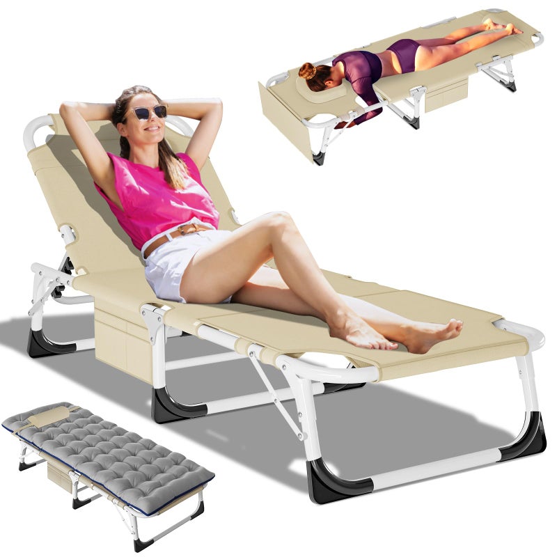 DoCred Heavy Duty XXL Tanning Chair with Face Hole&Mat, Oversized 5-Position Folding Chaise Lounge Chairs for Outside, Portable Beach Lounge Chair for Outdoor Sunbathing Beach Pool Lawn Camping - Image 1