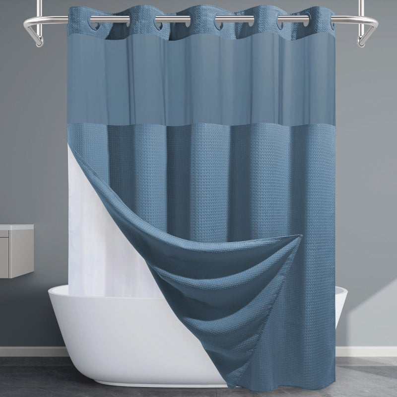 EUTXL Moonlight Blue No Hook Shower Curtain with Snap in Liner,230GSM Waffle Weave Shower Curtains for Bathroom,71W x 74H - Image 1