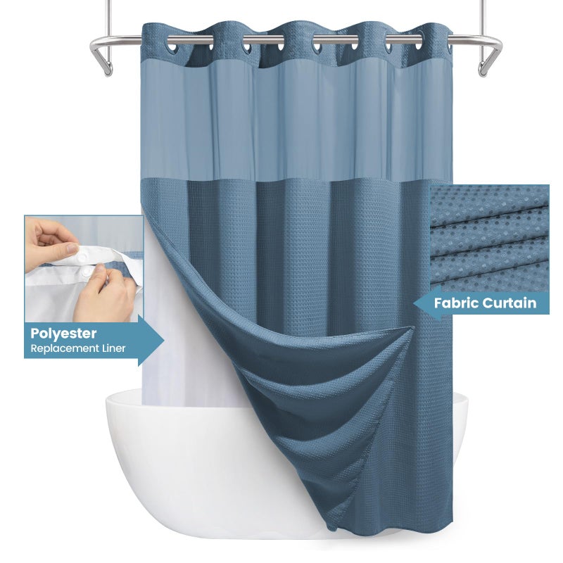 EUTXL Moonlight Blue No Hook Shower Curtain with Snap in Liner,230GSM Waffle Weave Shower Curtains for Bathroom,71W x 74H - Image 4