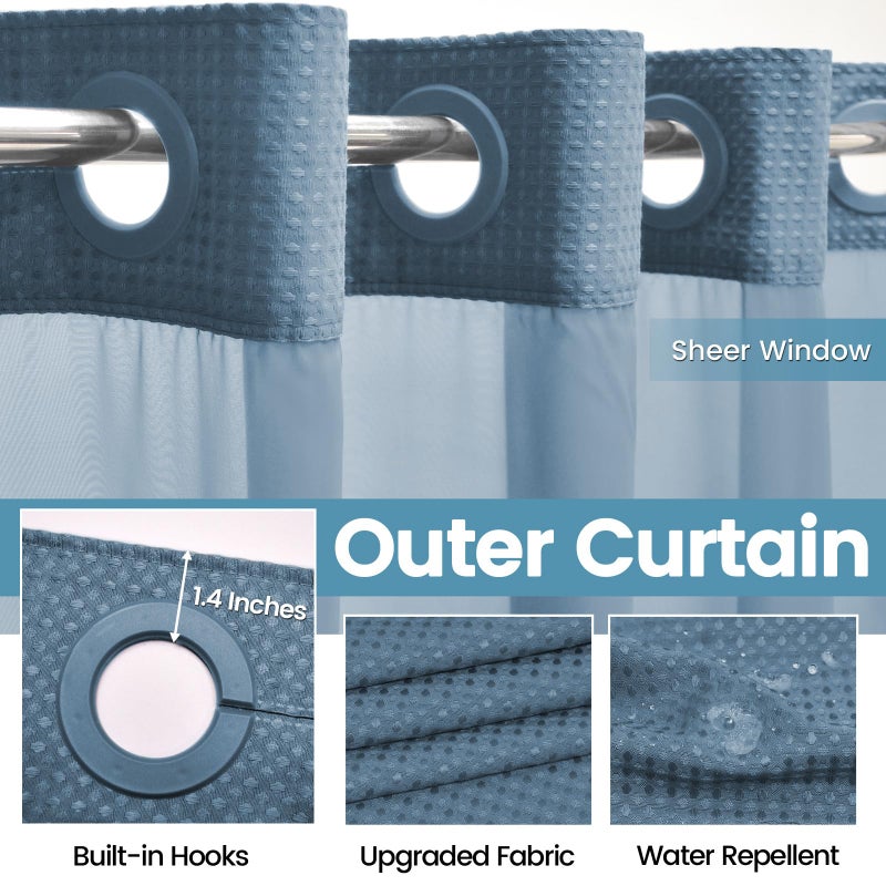 EUTXL Moonlight Blue No Hook Shower Curtain with Snap in Liner,230GSM Waffle Weave Shower Curtains for Bathroom,71W x 74H - Image 5