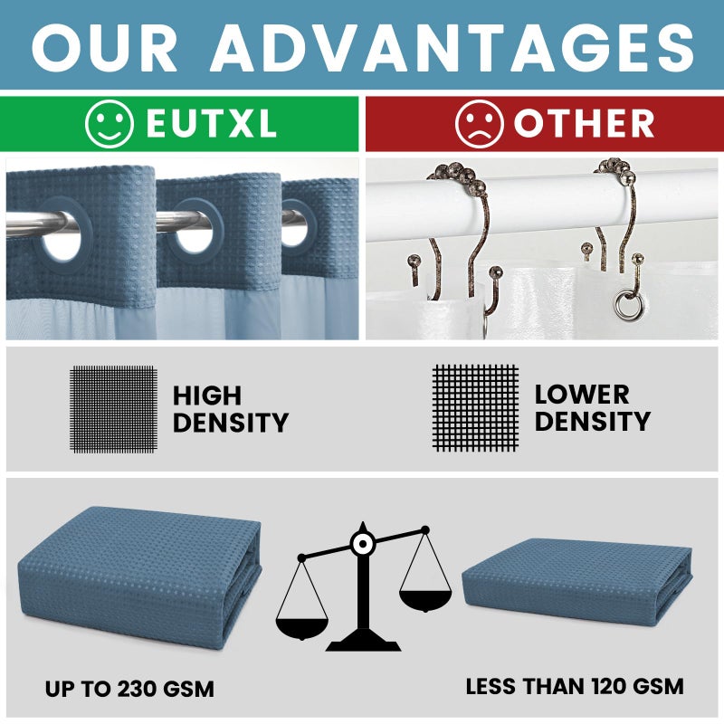 EUTXL Moonlight Blue No Hook Shower Curtain with Snap in Liner,230GSM Waffle Weave Shower Curtains for Bathroom,71W x 74H - Image 2