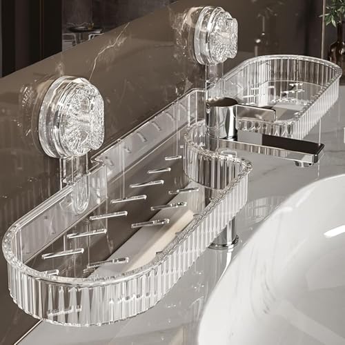 BWOGUE Universal Removable Faucet Storage Rack, Corrugated Suction Cup Storage Holder, No-Drill Bathroom Suction Storage Box, Water Automatically Drains Away for Bathroom, Kitchen - Image 1