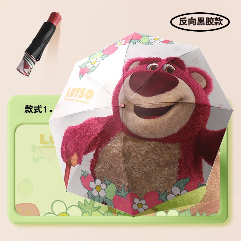 Genuine Authorized Strawberry Bear Lotso Cartoon Children Adult Sun Protection Folding Three Folding Umbrella Sunny And Rain Dual-Use Umbrella - Image 1