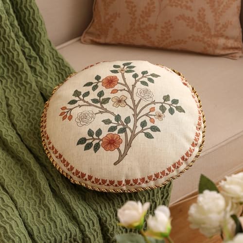ISAENNE Design Linen Classic Throw Pillow Covers Diameter 16" Pack of 2, French Farmhouse Round Cushion Covers with Orange White Floral Pattern Decor Pillowcases for Bed,Living Room,Outdoor,Car - Image 4