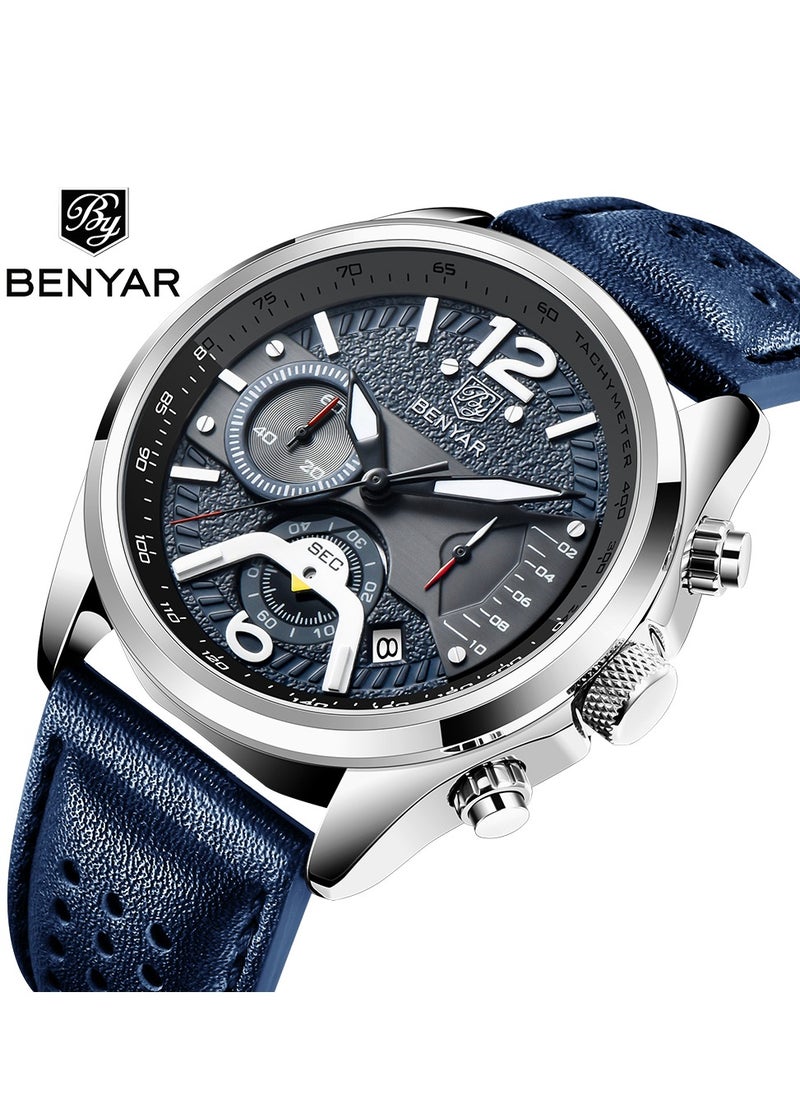 BENYAR - Watches for Men Luxury Quartz Water Resistant Watch Men's Chronograph Genuine Leather Strap 5171 Blue - Image 1