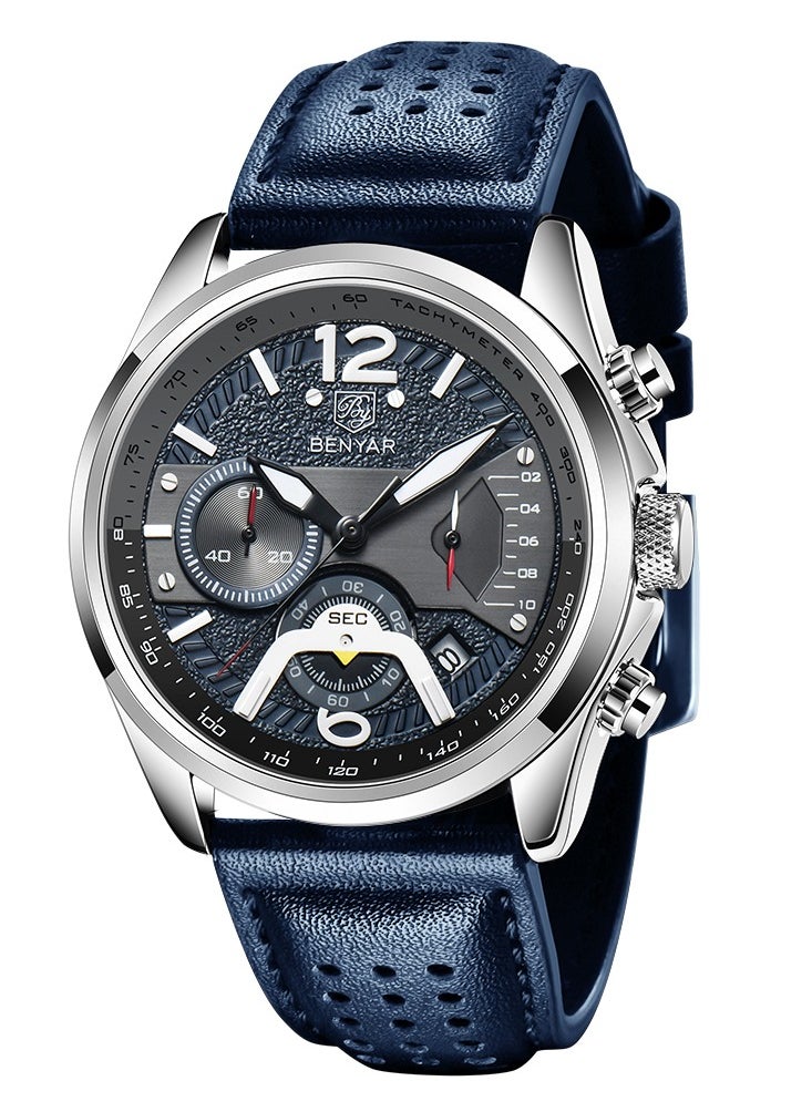 BENYAR - Watches for Men Luxury Quartz Water Resistant Watch Men's Chronograph Genuine Leather Strap 5171 Blue - Image 1