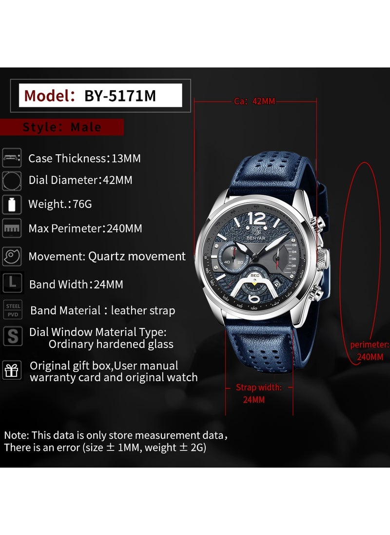 BENYAR - Watches for Men Luxury Quartz Water Resistant Watch Men's Chronograph Genuine Leather Strap 5171 Blue - Image 1