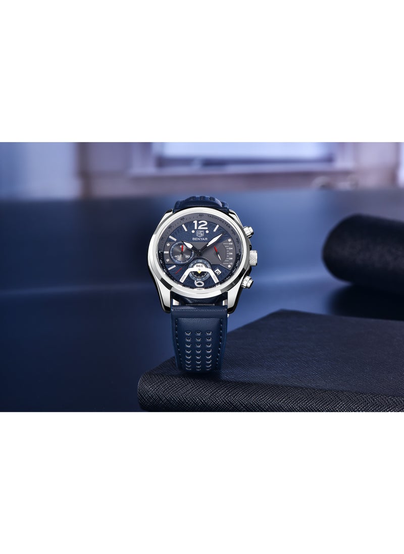 BENYAR - Watches for Men Luxury Quartz Water Resistant Watch Men's Chronograph Genuine Leather Strap 5171 Blue - Image 1