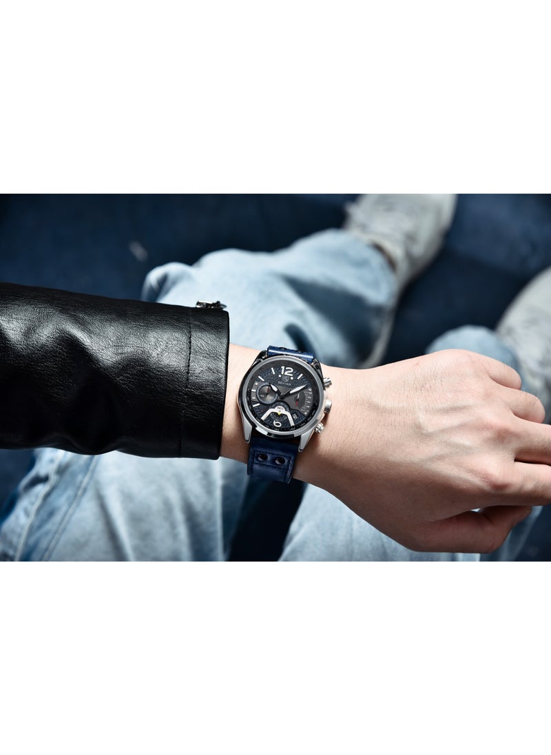BENYAR - Watches for Men Luxury Quartz Water Resistant Watch Men's Chronograph Genuine Leather Strap 5171 Blue - Image 1