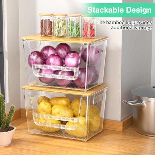 Wrrlors 2 Set Pantry Organizers,Stackable Potato and Onion Storage Bins with Bamboo Lids,Trash Bag Dispenser for 4-13 Gal Bags,kitchen Countertop Organizer for Produce or Snacks - Image 2