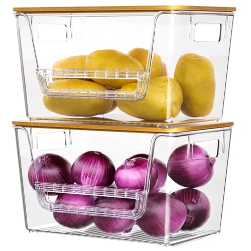 Wrrlors 2 Set Pantry Organizers,Stackable Potato and Onion Storage Bins with Bamboo Lids,Trash Bag Dispenser for 4-13 Gal Bags,kitchen Countertop Organizer for Produce or Snacks - Image 1