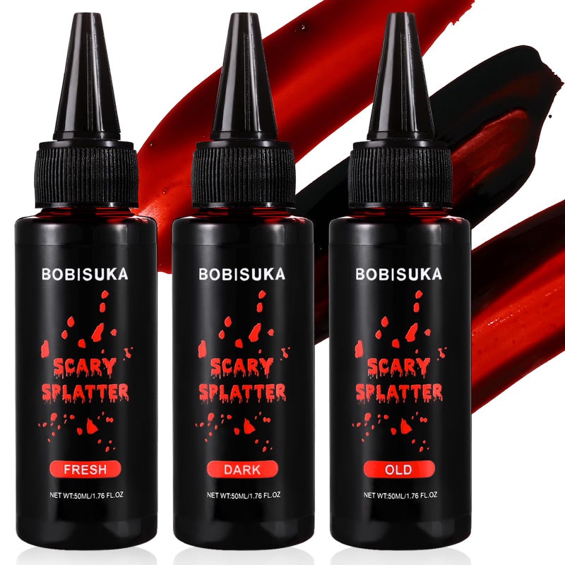 BOBISUKA 3PCS Halloween Fake Blood Kit FreshDarkOld Washable Realistic Liquid Dripping Stage Blood for SFX Makeup Cosplay Party Horror Film