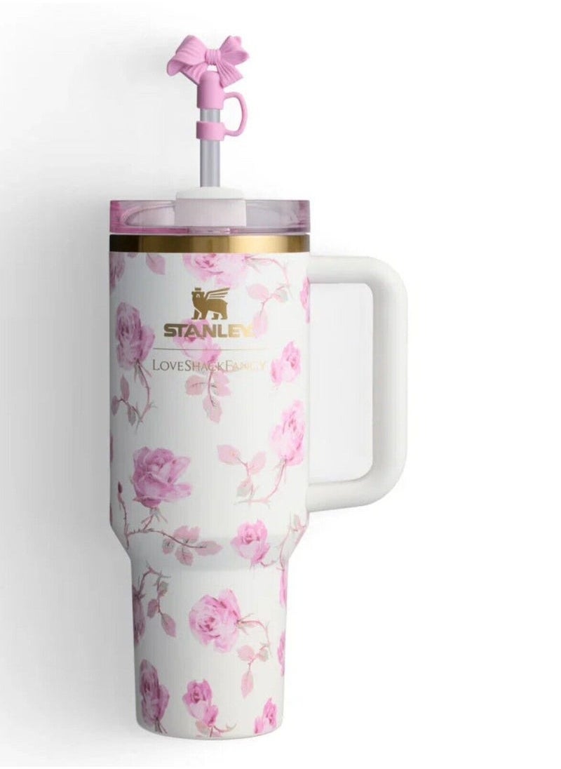 Stanley - Love Shack Fancy H2.0 Flow State 40oz Pink Rose Tumbler, Stainless Steel Vacuum Insulated Quencher with Lid, Straw, and Stopper, Ideal for Water and Iced Tea, Keeps Drinks Cold, Presented in Elegant Gift-Ready Packaging - Image 1