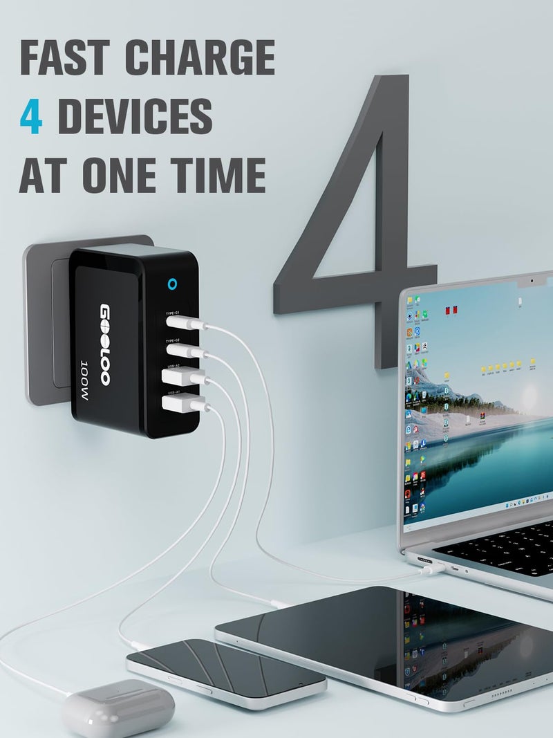 GOOLOO 100W USB C Charger Block, 4-Port Foldable Compact Fast Wall Charger for MacBook Pro/Air/iPad/iPhone Series and More, SuperSafe Power Adapter for GT3000/GT4000S/GT4000/GT6000/A7 Jump Starters - Image 3
