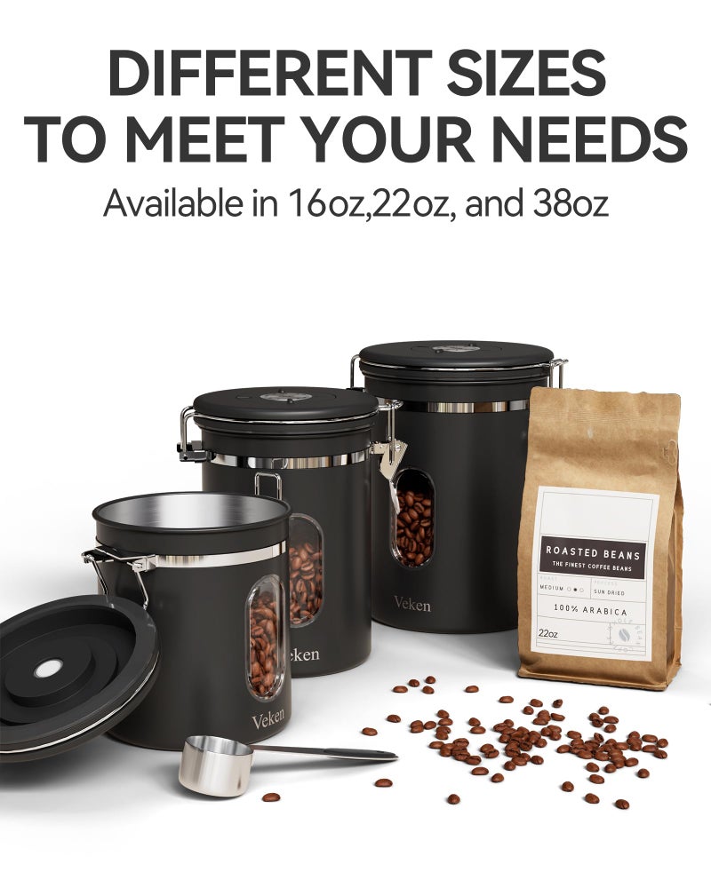 Veken Coffee Canister with Window  Airtight Stainless Steel Kitchen Food Storage Container with Lids  Date Tracker and Scoop for Grounds Coffee  Beans  Tea  Flour  Cereal  Sugar Jars  16OZ  Black - Image 5