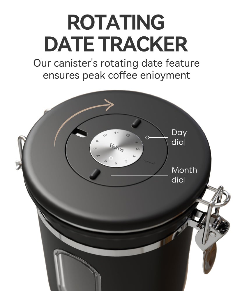 Veken Coffee Canister with Window  Airtight Stainless Steel Kitchen Food Storage Container with Lids  Date Tracker and Scoop for Grounds Coffee  Beans  Tea  Flour  Cereal  Sugar Jars  16OZ  Black - Image 3