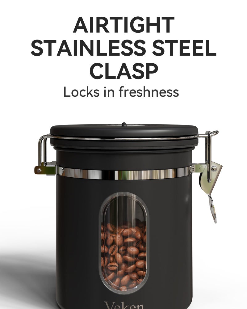 Veken Coffee Canister with Window  Airtight Stainless Steel Kitchen Food Storage Container with Lids  Date Tracker and Scoop for Grounds Coffee  Beans  Tea  Flour  Cereal  Sugar Jars  16OZ  Black - Image 2