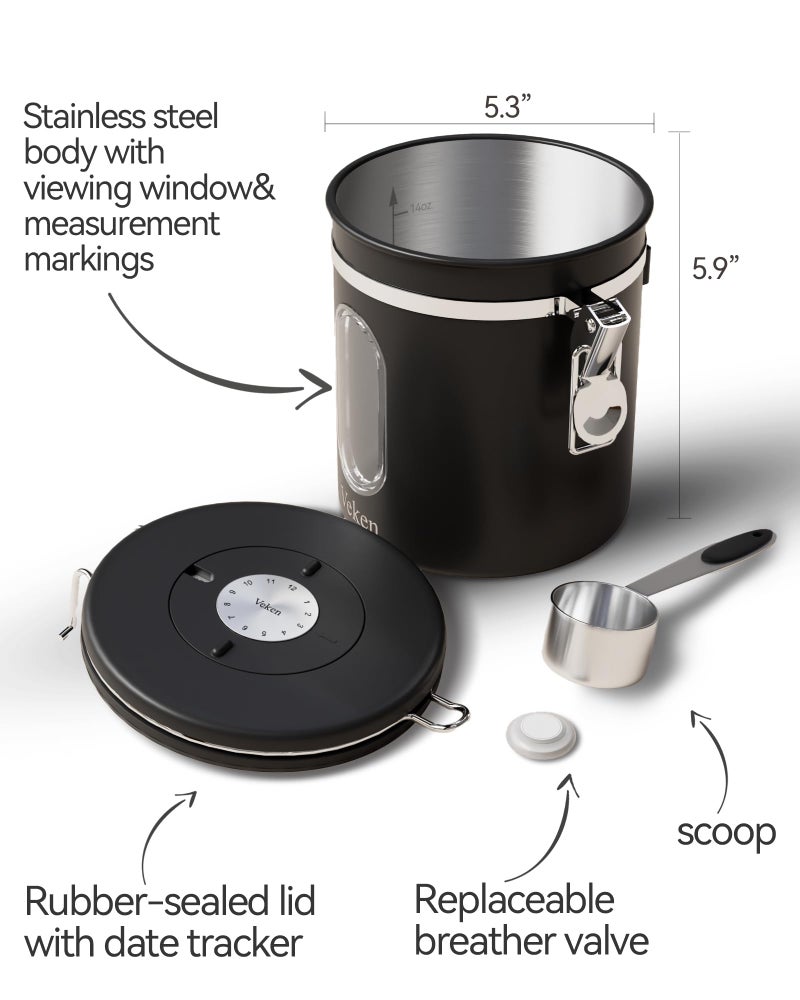 Veken Coffee Canister with Window  Airtight Stainless Steel Kitchen Food Storage Container with Lids  Date Tracker and Scoop for Grounds Coffee  Beans  Tea  Flour  Cereal  Sugar Jars  16OZ  Black - Image 4
