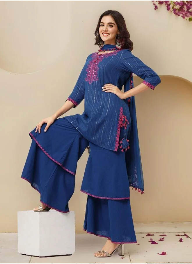 ISHIN Tunic Women Blue Cotton Kurta Set with Embroidered pattern Tunic and Palazzo features a Round neckline and Three-Fourth Sleeve secured with Elastic closure and styled in Straight Fit ideal for Festive moments — designed to make heads turn.