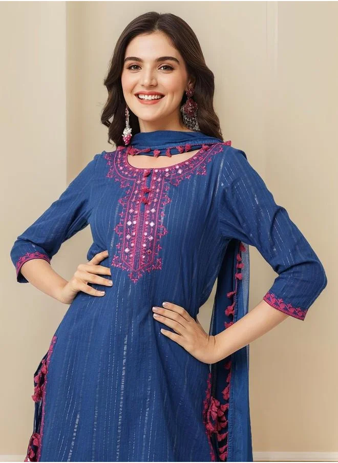 ISHIN Tunic Women Blue Cotton Kurta Set with Embroidered pattern Tunic and Palazzo features a Round neckline and Three-Fourth Sleeve secured with Elastic closure and styled in Straight Fit ideal for Festive moments — designed to make heads turn.