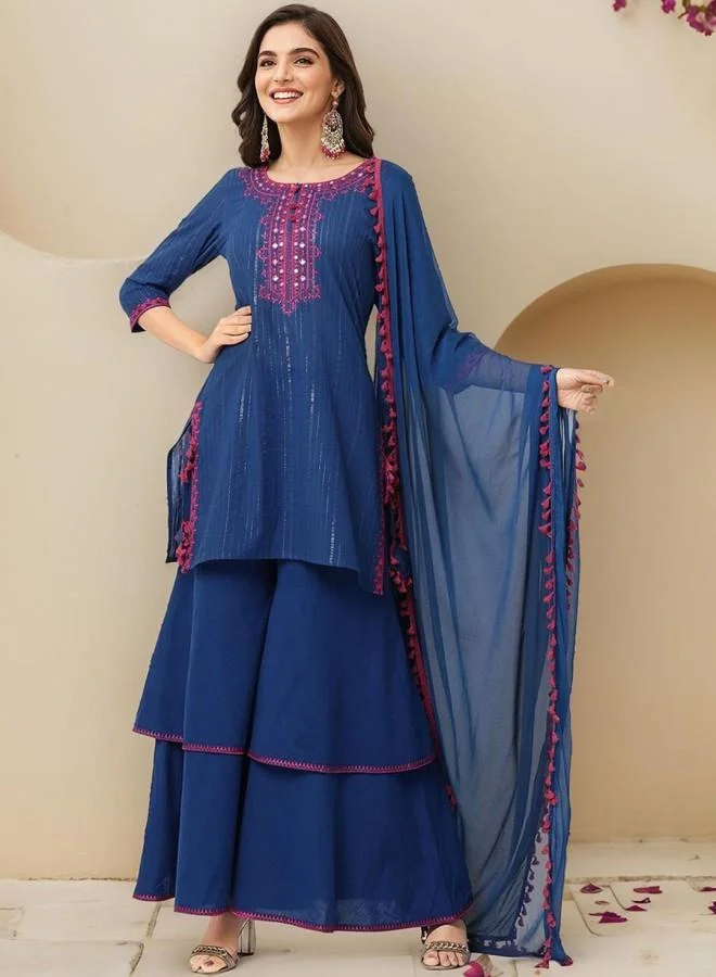 ISHIN Women's Blue 100% Cotton Embroidered Tunic Full Length Palazzo Straight Fit Kurta Set